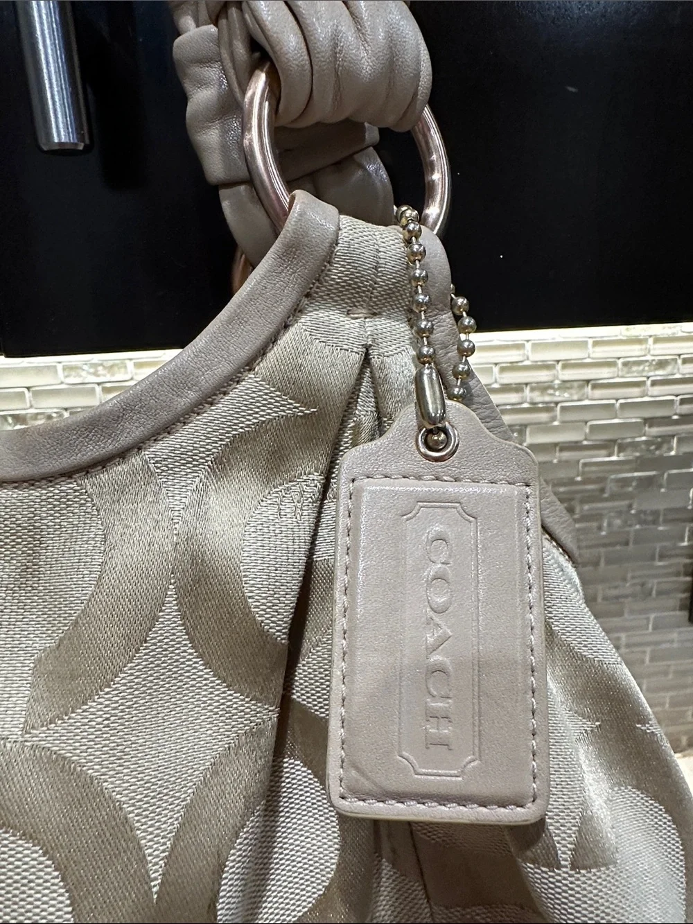 Coach Beige Signature Shoulder Bag with leather Braided Handles used condition